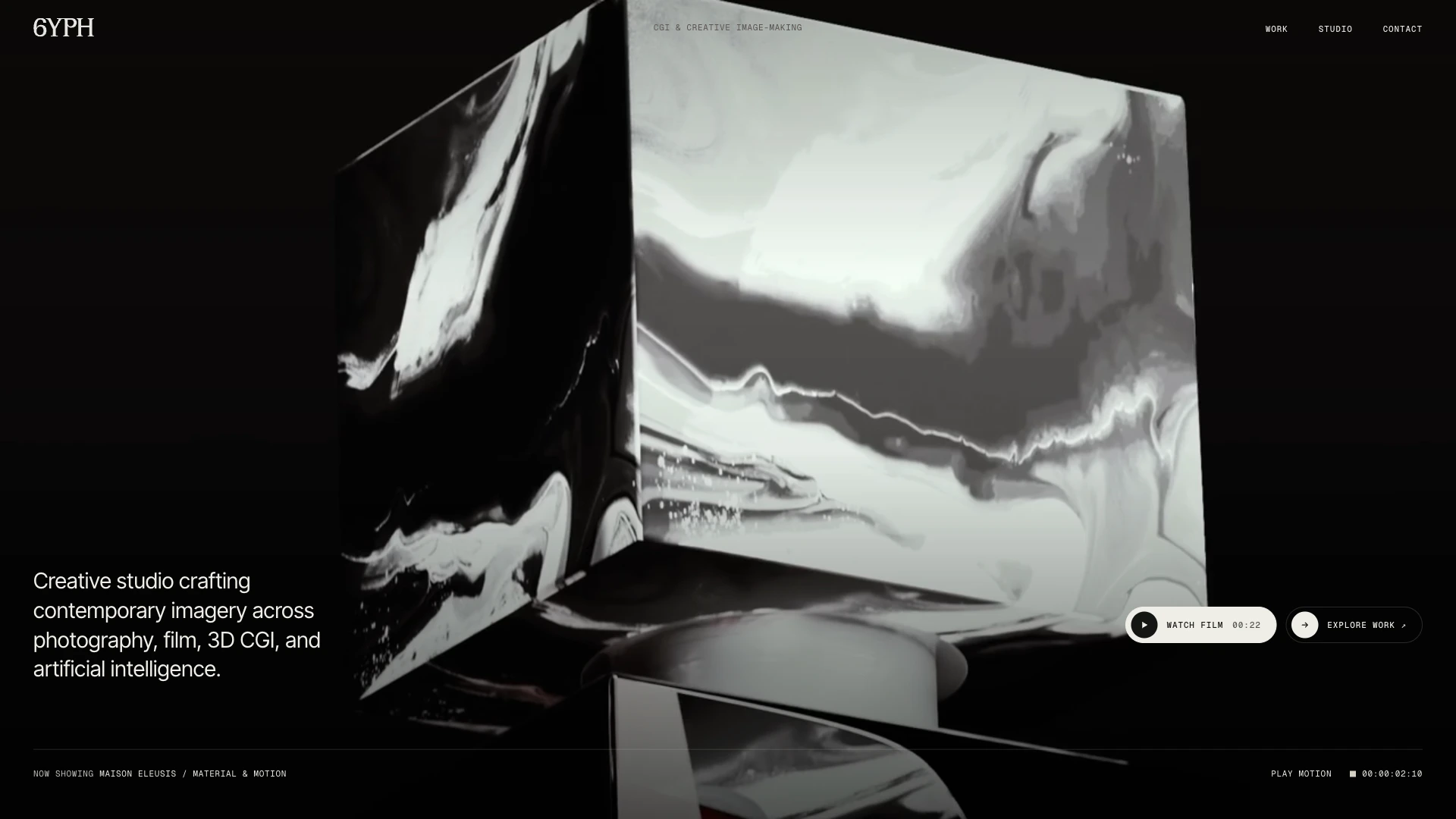 The final 6YPH homepage: small navigation wordmark, full-screen CGI film and studio introduction