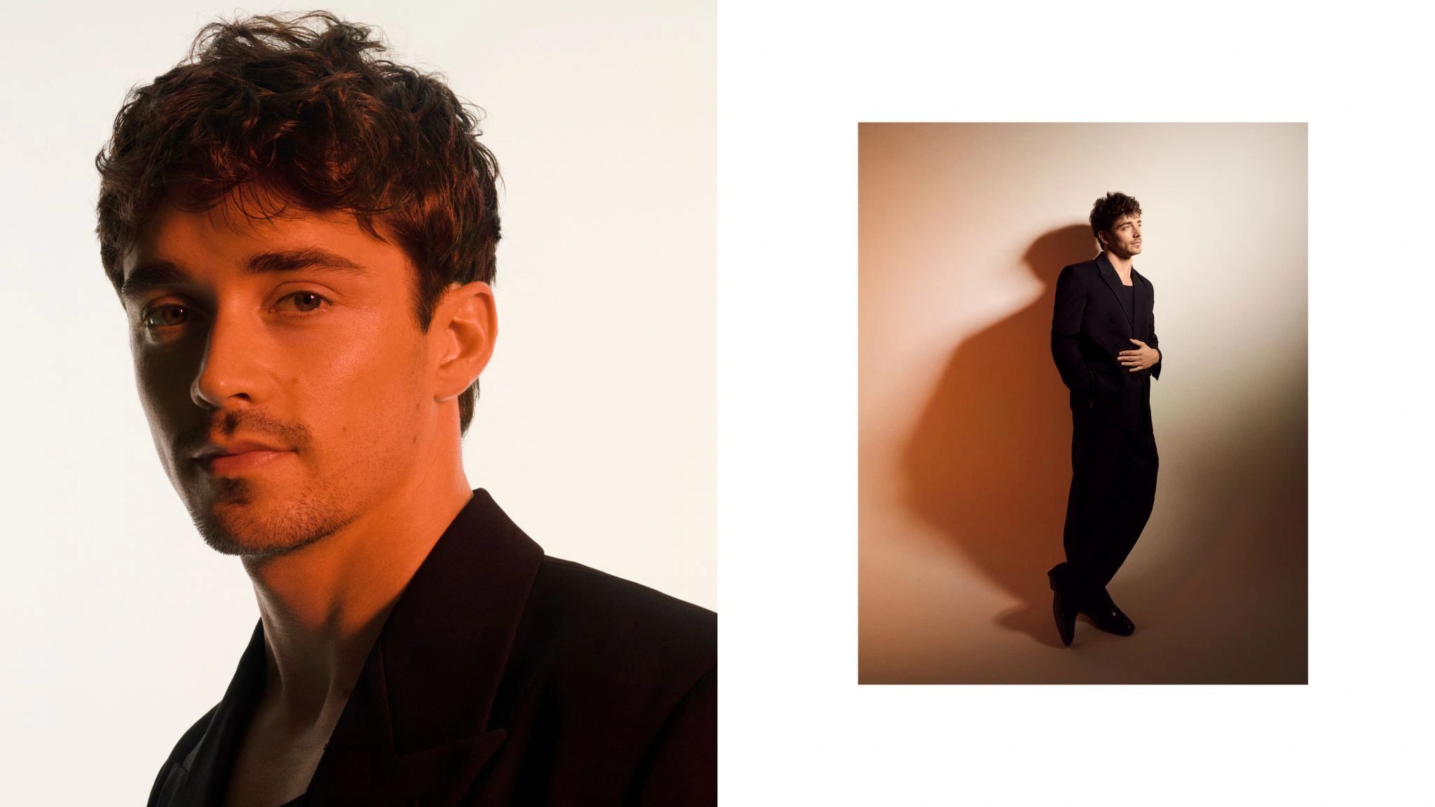 Charles Leclerc — orange-lit portrait and full-body editorial
