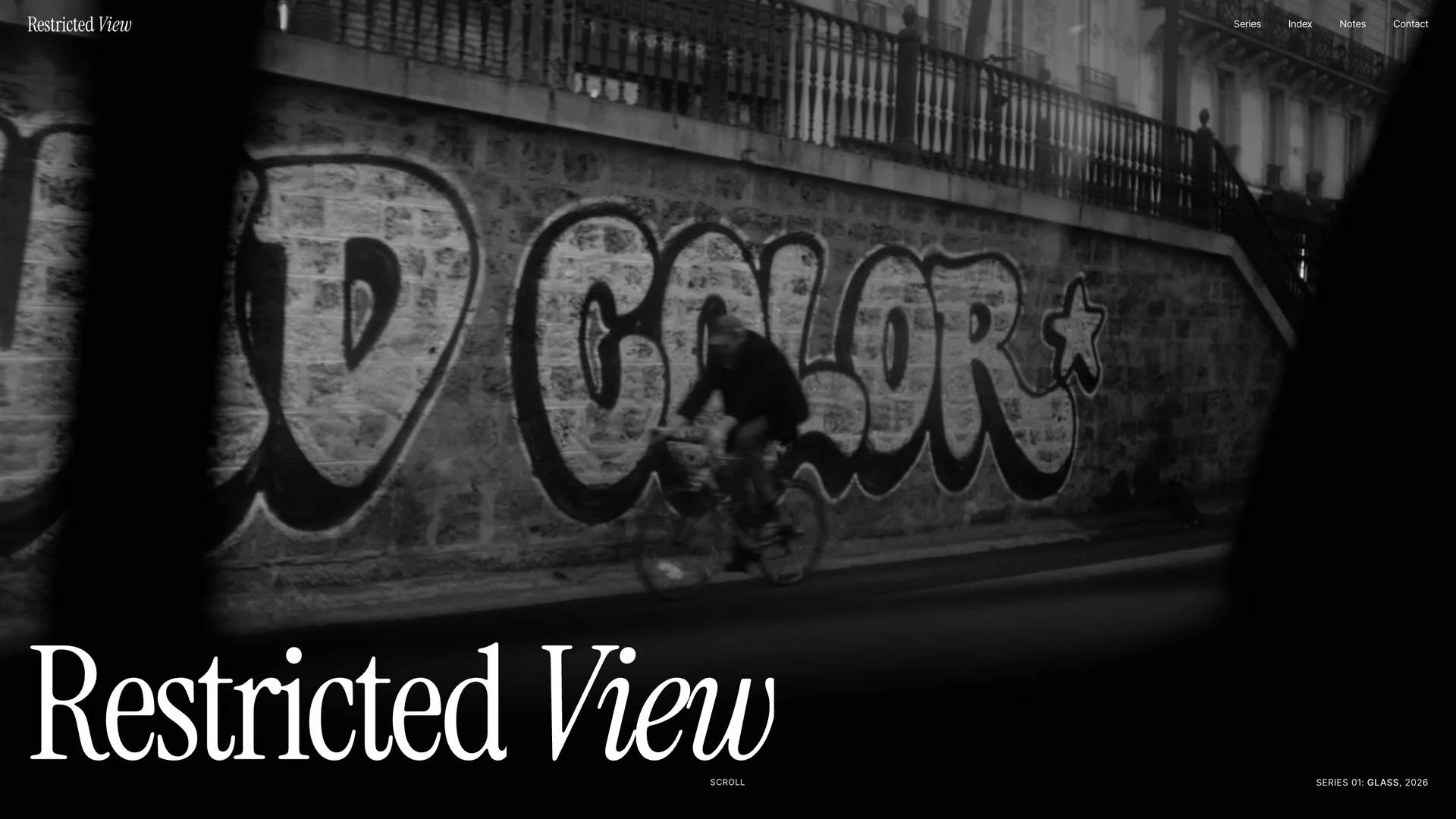 RESTRICTED VIEW opening: monochrome photography behind the Instrument Serif title