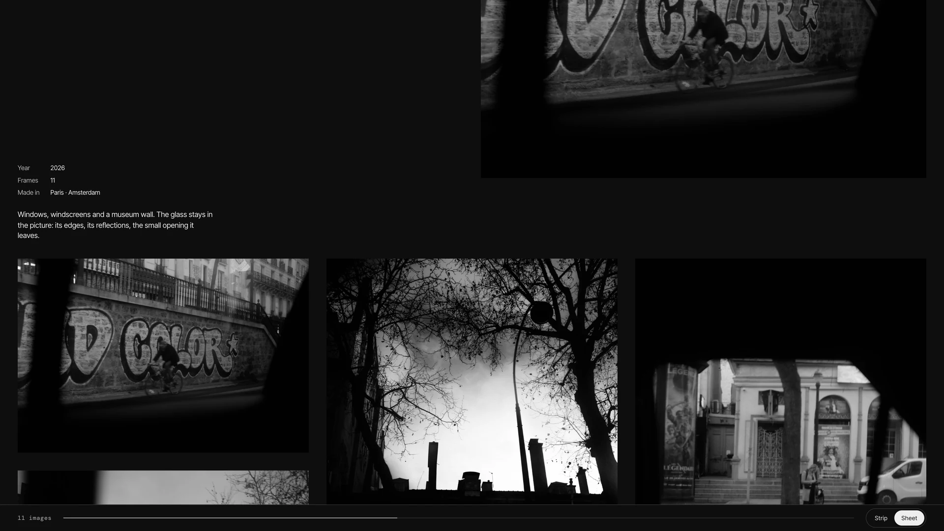 Glass contact sheet: the photographs arranged in a spacious editorial grid