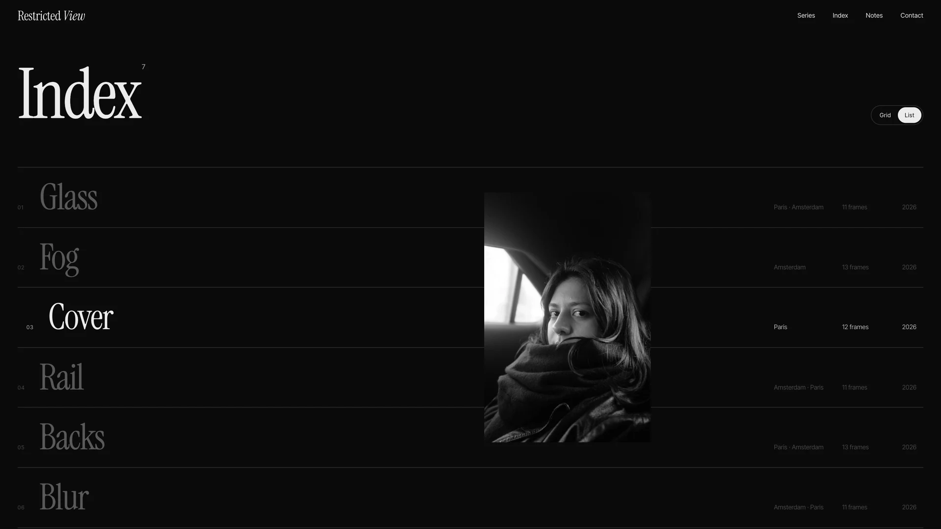 Series index typography and photographic cursor preview