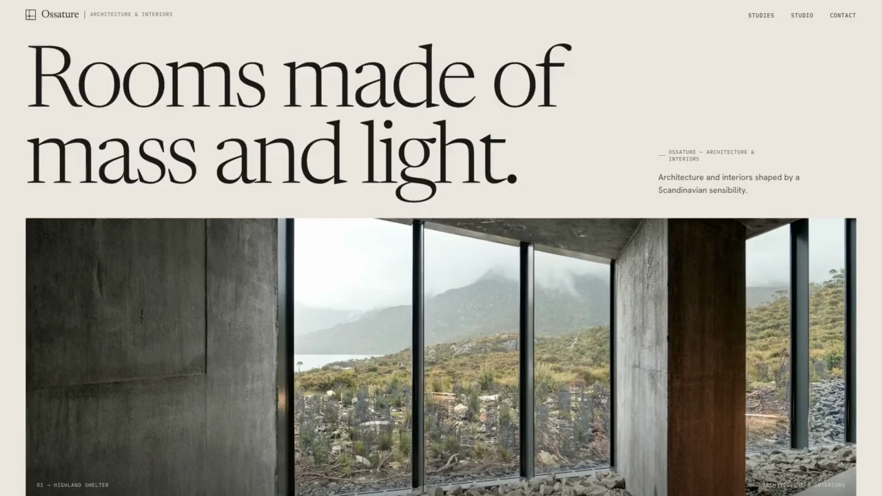 OSSATURE website — rooms made of mass and light