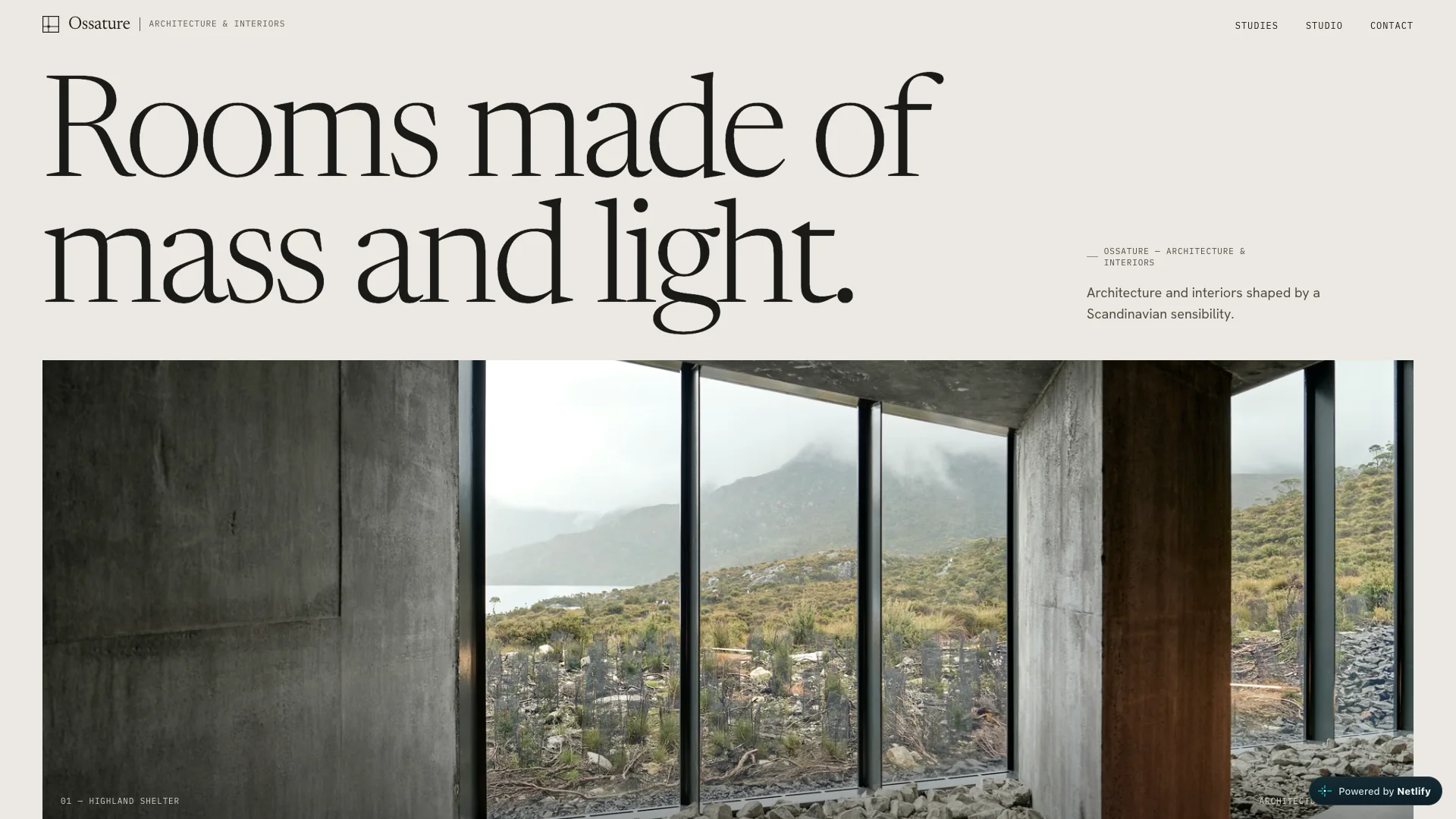 Ossature desktop opening: an architectural photograph below the serif heading Rooms made of mass and light
