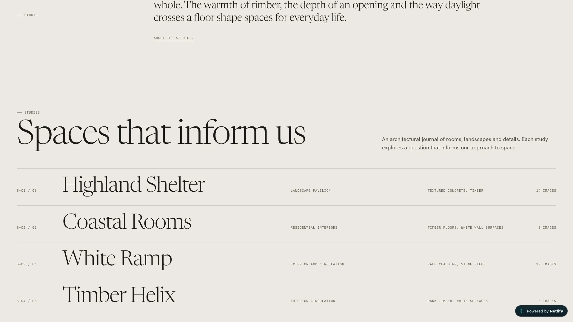 The Ossature homepage on scroll, with the introduction and ruled study index