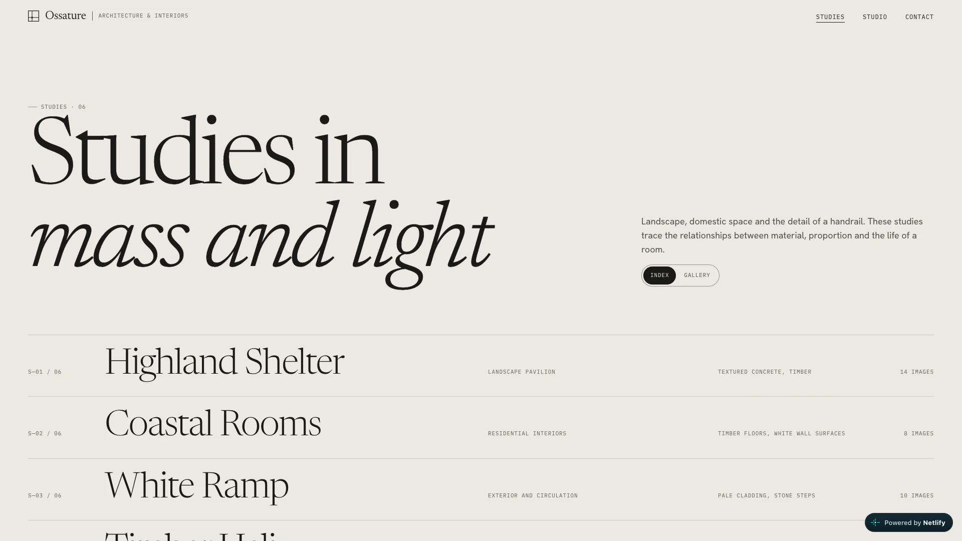 The Studies index with six ruled rows and Index / Gallery controls