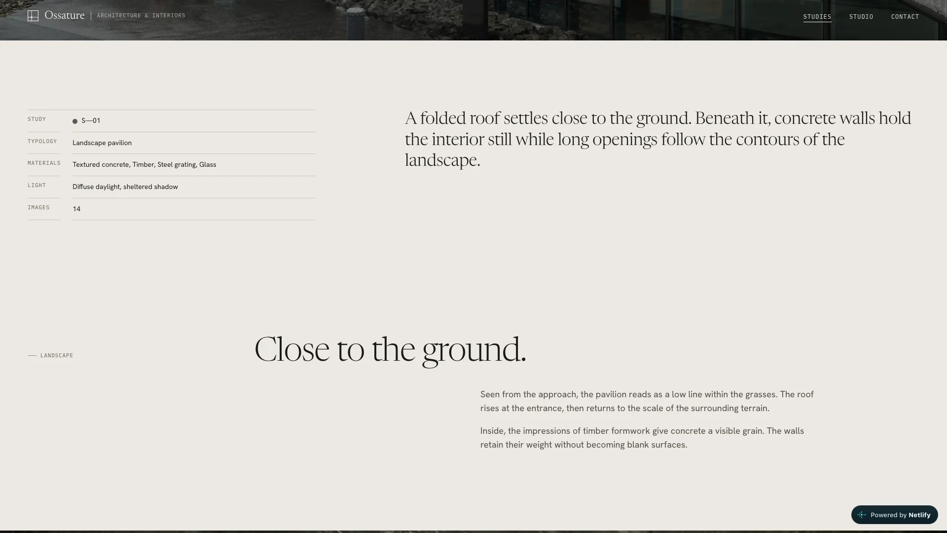 Highland Shelter study opening, pairing a large landscape photograph with its editorial title